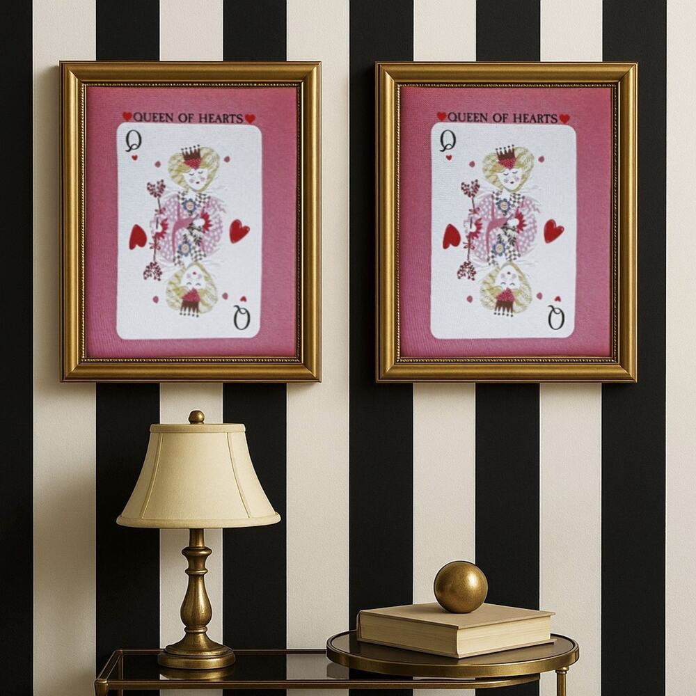 Set of 2 Queen of Hearts Framed Prints Pink Mat Gold Frame Coquette Wall Decor